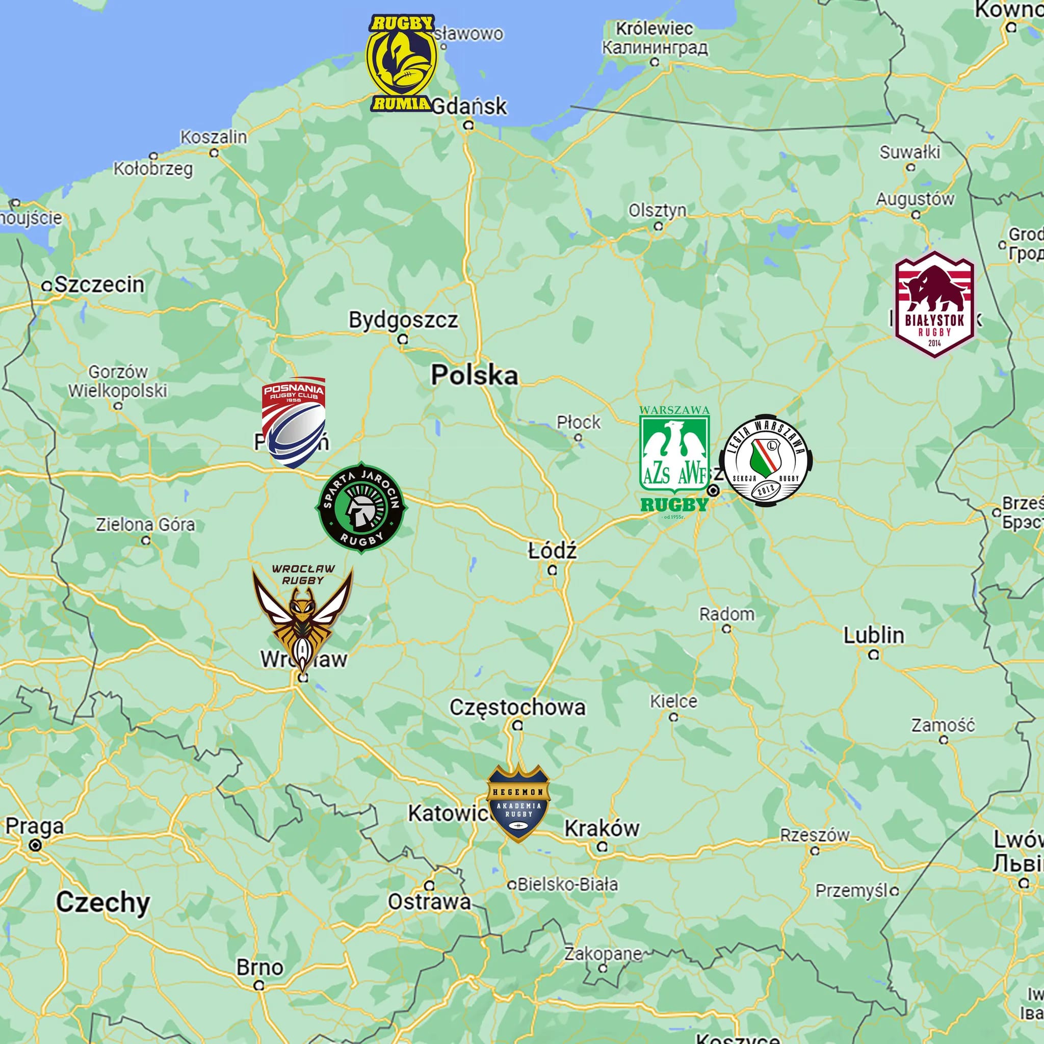 Rozmieszczenie na mapie Polski drużyn biorących udział w I Lidze Rugby